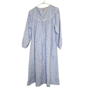 Blue White Deer Print Cotton Flannel Nightgown L Cottagecore Prairie Sleep Dress